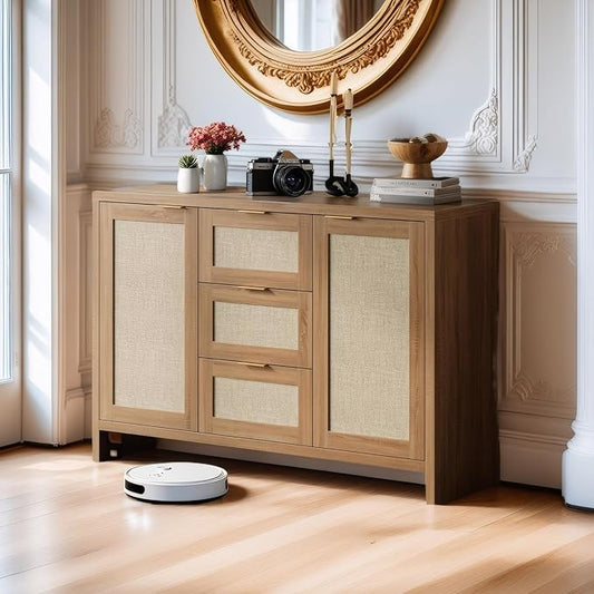 Modern Rattan Buffet Cabinet Sideboard with Storage,47" Boho Credenza Buffet Console Table with Drawers&Doors,Wooden Coffee Bar Cabinet for Entryway/Living Room/Farmhouse(Natural Oak,1pc)