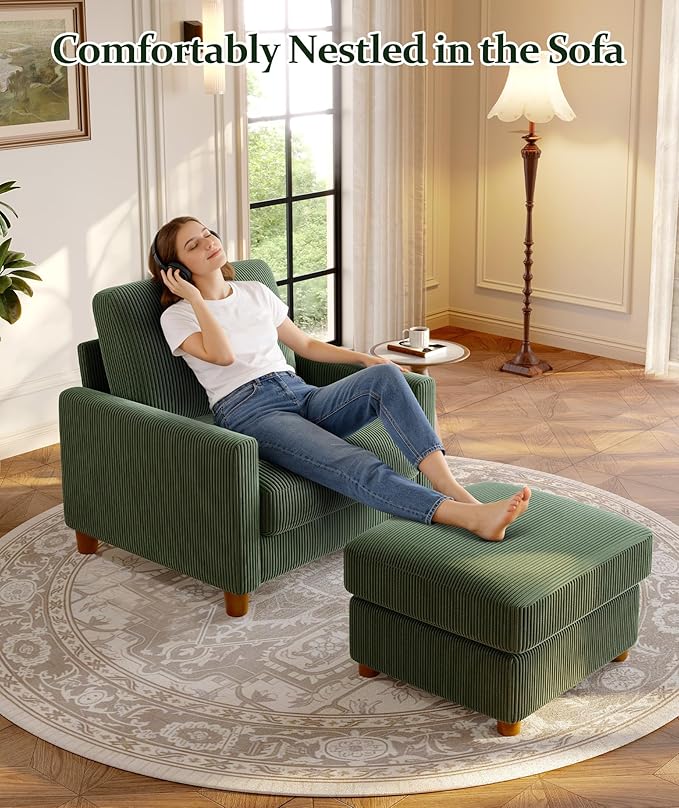 Welzona 35.3" Couches for Living Room, Comfy Green Couch Single with 22.5" Deeper Seat, Accent Chair Tool-Free Setup, Reading Chair 440lbs Support, Corduroy Couch for Bedroom, Apartment, Office