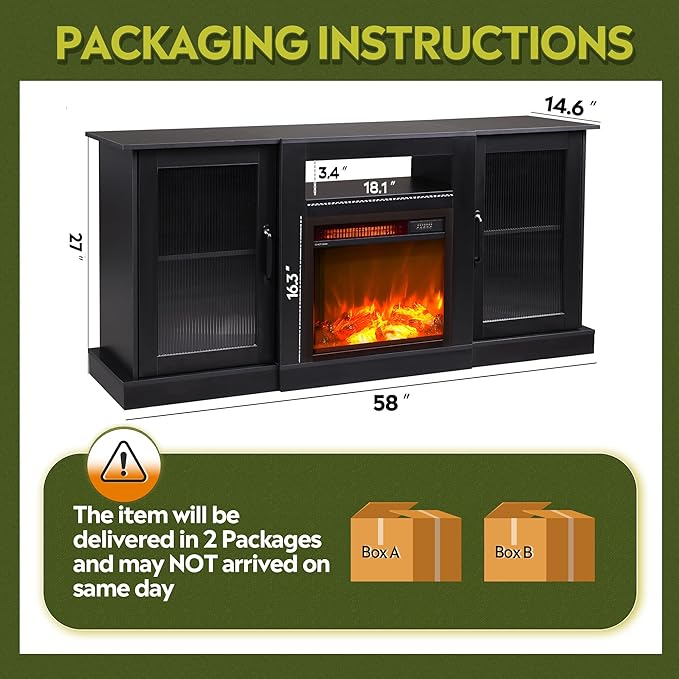WLIVE Fireplace TV Stand for 65" TV, Entertainment Center with 3D Realistic Flame Electric Fireplace, TV Console with Open Shelves for Living Room, Black