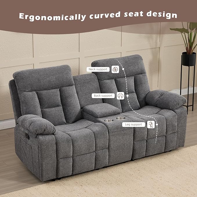 CANMOV Loveseat Recliner, Manual Recliner Sofa Chair for Living Room, Reclining Sofa with Storage Console,Hidden Cup Holders, 2 Seat, Grey