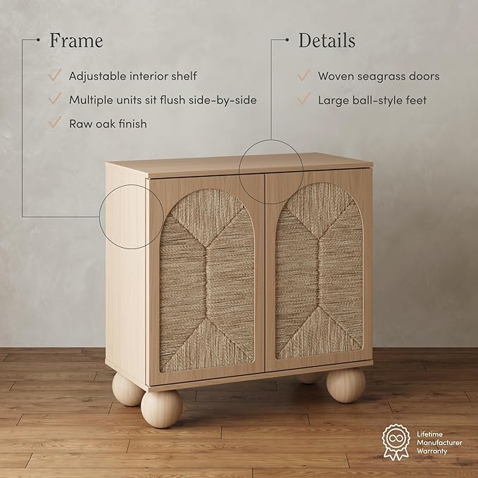 Nathan James Leah Boho TV Stand or Sideboard Cabinet for Kitchen or Living Room with Ball-Style Feet, Natural Seagrass Door Fronts and Solid Wood Legs, Raw Oak, Set of 2