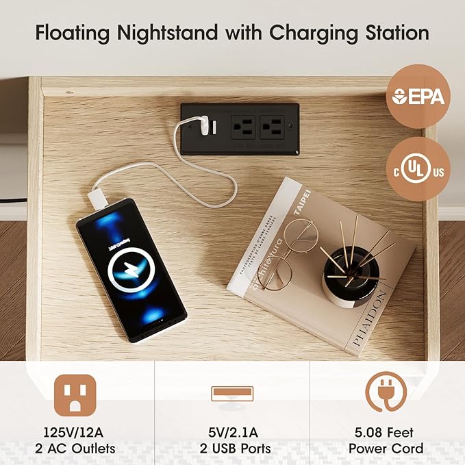 Floating Nightstand Set of 2 Modern Night Stands with Drawer and Open Shelf Cubby Small Bedside End Table with Charging Station Wall Mounted Nightstands Set 2 for Bedroom Natural