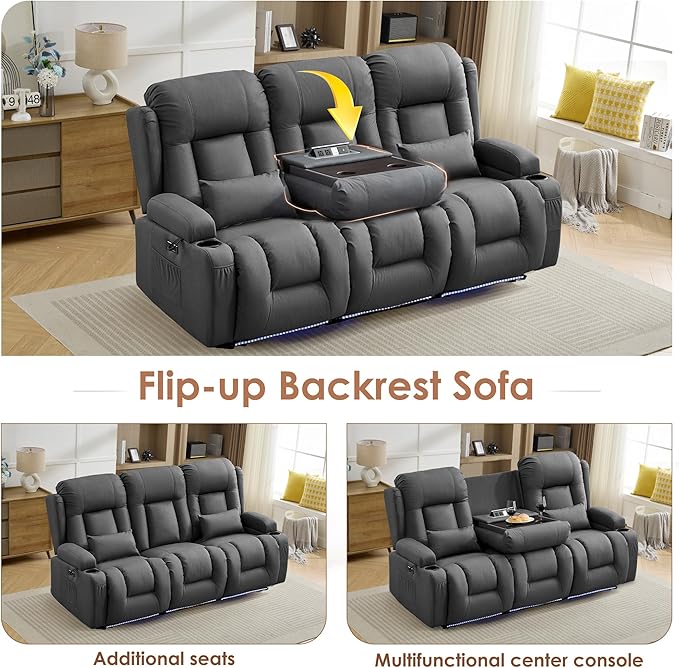 TUNYI Wall Hugger Loveseat Recliner Sofa with Console, Power Reclining Loveseat RV Couch with Massage & Heat/USB/Outlet/Storage/LED Light (Grey, 3 Seat)
