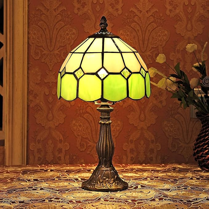 Table Lamp Tiffany-Style 8 Inch Mediterranean Series Stained Glass Lampshades Small Bedside Lamp Reading Antique Desk Light Livingroom Bedroom Office Vintage Art De(Color:Green)