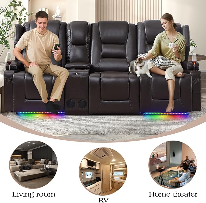 Oprisen 3-Seater Power Recliner Sofa Couch Flip Middle Backrest Reclining Sofa Chair for Living Room with Multi-Function Console/Cup Holders/LED Ambient Light