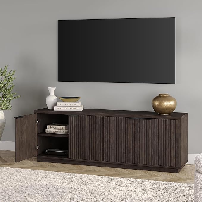 Henn&Hart Fluted TV Stand for TVs up to 78" with 2 Ribbed Storage Cabinets and Adjustable Shelves for Living Room, Family Room, or Office, Warm Brown