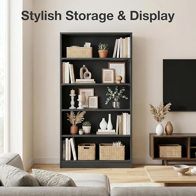 5 Tier Wooden Bookshelf, 60" H Tall Book Shelf with Adjustable Shelves, 33" Wide Bookshelf for Office, Living Room