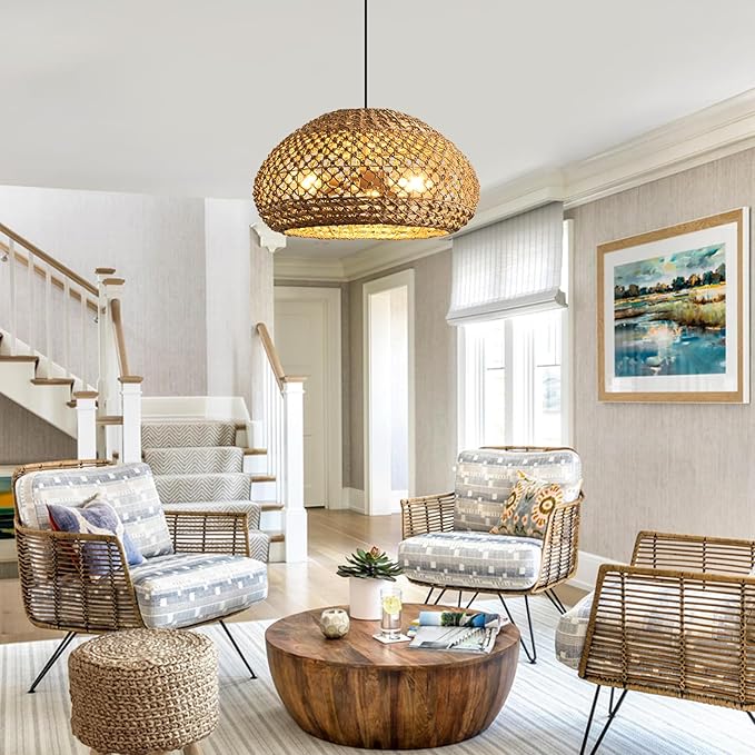 18.89" Large Rattan Pendant Light Fixture, Boho Ceiling Hanging 3-Light Hand-Woven Wicker Chandelier, Suitable for Kitchen Islands, Dining Rooms, and Farmhouses.