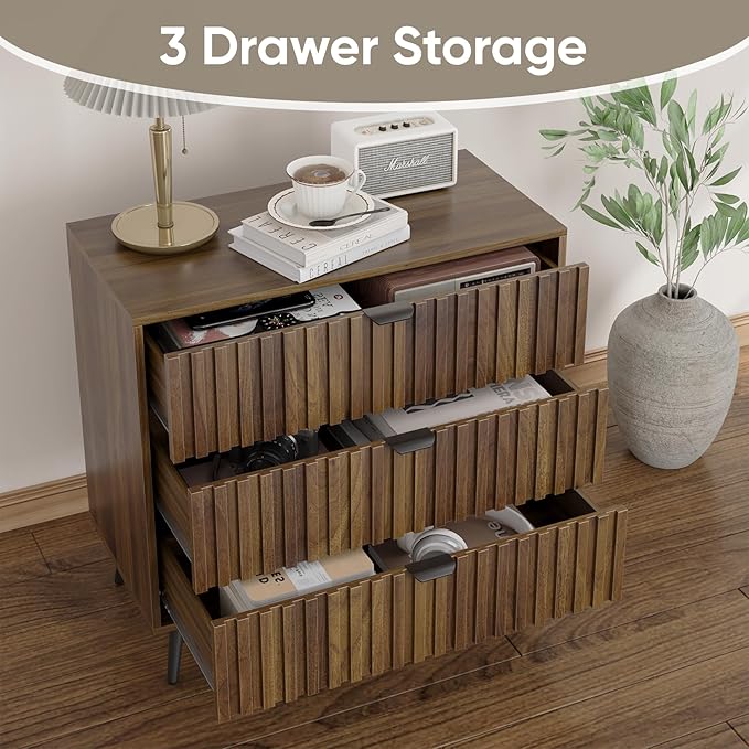 Fluted 3 Drawers Dresser, 31.5“ W Mid- Century Modern Wooden Chest of Drawers, Large Night Stand Organizer for Bedroom, Closet, Hallway, Entryway, Walnut