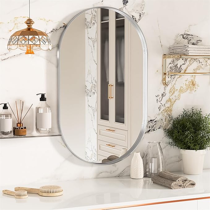 Suidia 26" x 38" Bathroom Mirror, Bathroom Vanity Mirror Metal Framed, Wall-Mounted Mirrors for Bedroom, Living Room, Entryway, Hallway, Silver, Oval Style