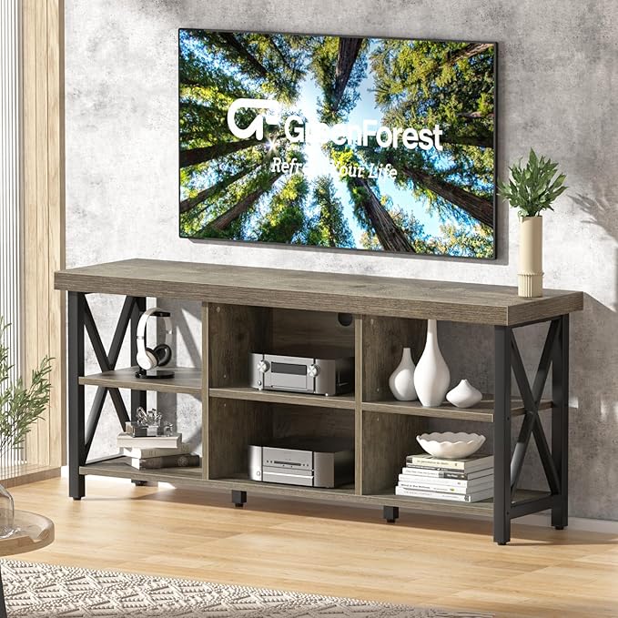 GreenForest TV Stand for TV up to 65 inches, Entertainment Center with 6 Storage Cabinet for Living Room, 55 inch Farmhouse Television Stands Console Table, Industrial TV Stands for Living Room, Gray