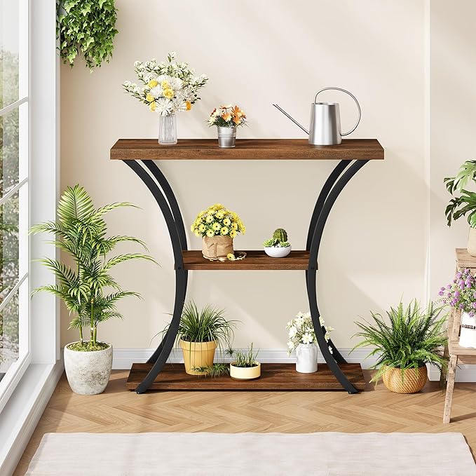 Hoctieon 3 Tier Console Table with Open Wood Shelves, Decorative Entryway Table with Curved Metal Frames, Narrow Sofa Table for Entrance, Living Room, Hallway, Rustic Brown+Black