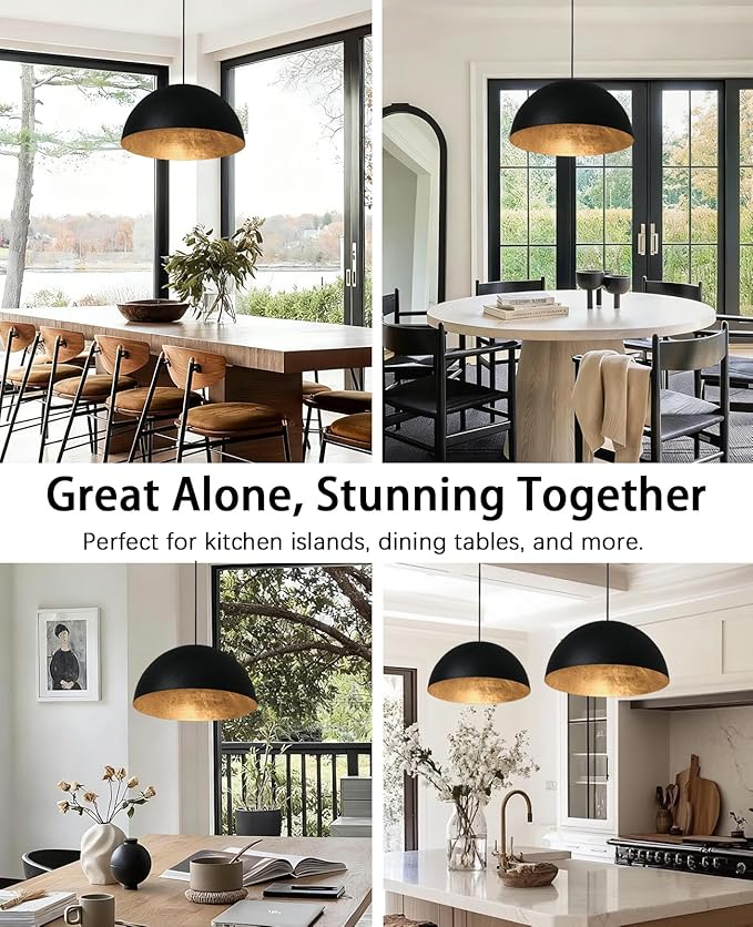 15 Inch Black and Gold Pendant Light, Bold Textured Matte Black Dome with Hand-Applied Gold Leaf Interior, Hanging Chandelier Fixture for Kitchen Island, Dining Room, or Bar