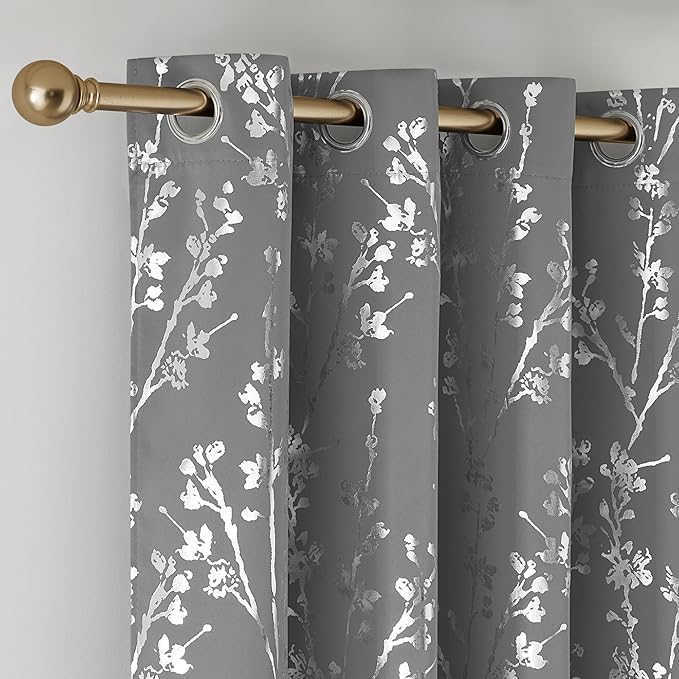NICETOWN 100% Blackout Grey Curtains for Bedroom, Grommet Floral Foil Printed Blackout Window Treatment Thermal Curtains for Living Room/Kids Room, W52 x L63, 2 Panels
