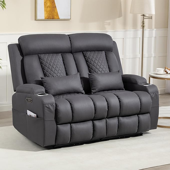 Zero Wall Hugger Power Reclining Loveseat with Adjustable Headrest, Power Loveseat Recliner Sofa with USB&Type-C Ports, Wall Hugger Reclining Loveseat for Living Room (Gray, 2 Seater)