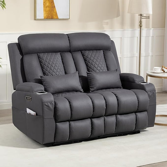 Zero Wall Hugger Power Reclining Loveseat with Adjustable Headrest, Power Loveseat Recliner Sofa with USB&Type-C Ports, Wall Hugger Reclining Loveseat for Living Room (Gray, 2 Seater)