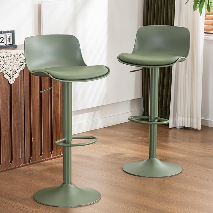 Kidol & Shellder Bar Stools Set of 2 Olive Green Adjustable Swivel Counter Height Stools, Modern PU Leather Upholstered with Back Solid Color Barstools for Kitchen Island
