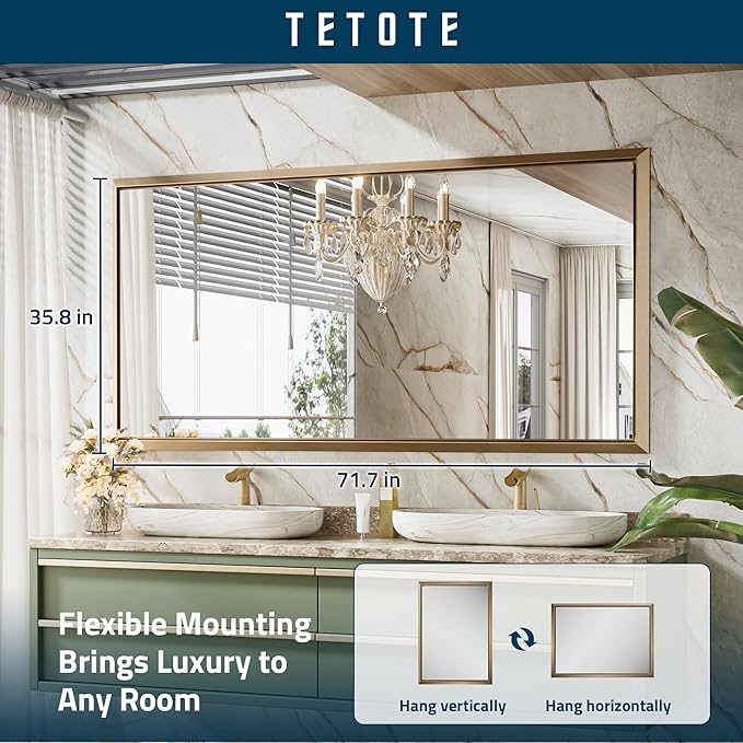 TETOTE 72 x 36 Inch Large Gold Vanity Mirror for Bathroom Sink Wall Mounted Brushed Gold Rectangle Stereo Beveled Framed Shatterproof Mirror Modern Home Living Room Decorative, Horizontal/Vertical