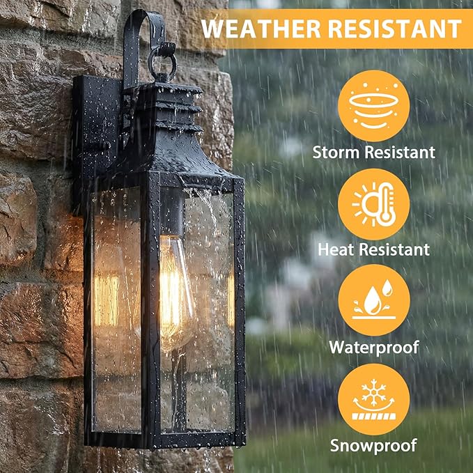 18" Outdoor Wall Lights 2-Pack, Black Modern Exterior Sconces with Clear Glass, Waterproof Aluminum Porch Lighting Fixtures, E26 Medium Base Lantern for House Garage Patio Front Decor
