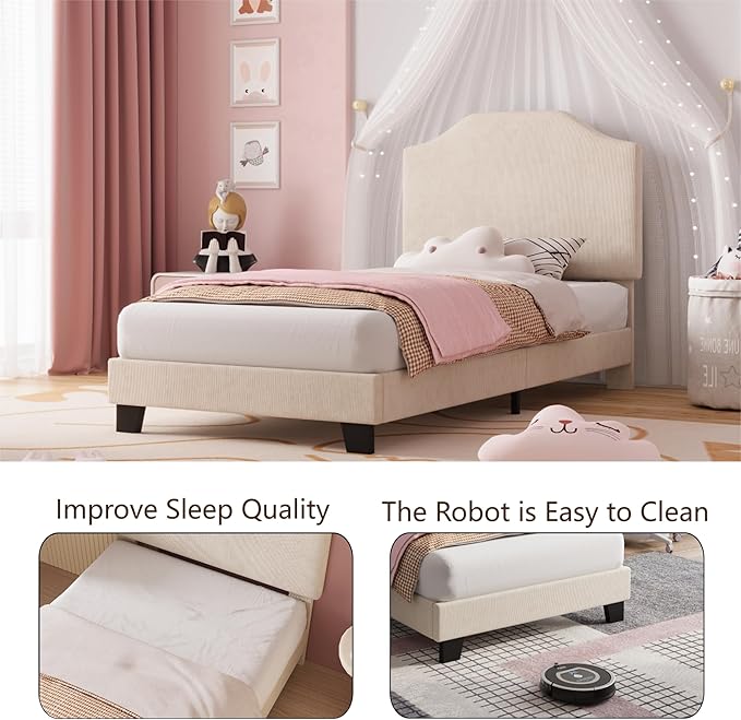 Twin Size Velvet Bed Frame, Corduroy Upholstered Twin Bed Frames Platform with Adjustable Headboard, Cute Velvet Twin Bed, Strong Wooden Slats, No Box Spring Needed, Noise Free, Easy Assembly, Beige