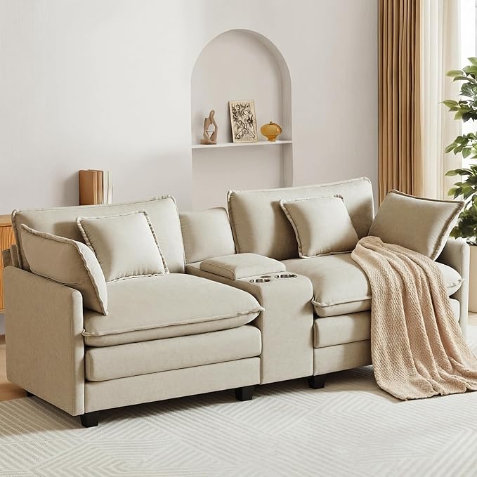 KISLOT 74.4" Oversized Modular Sectional Sofa with Storage Console,Loveseat Cloud Couch with Deep Seat & Thick Cushions, Multi Functional Console with USB and 2 Cup Holder,Sofa Set for Living Room | Wood Frame