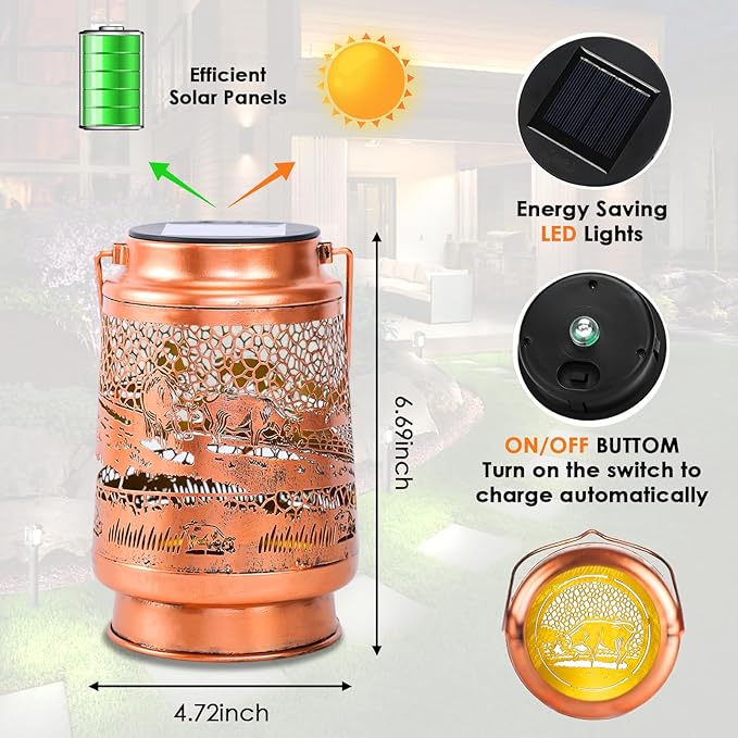 Cow Birthday Gifts for Women Mom Grandma, Solar Lanterns Outdoor Waterproof Garden Decor Hanging Lantern Lights, Metal LED Decorative Gardening Light for Patio Yard Lawn Porch