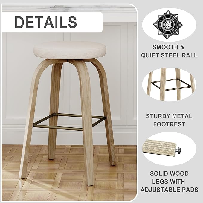 Bar Stools Set of 2, Counter Height Backless Bar Stools, 30" Swivel Barstools Kitchen Chair with Upholstered Fabric Seat, Beige