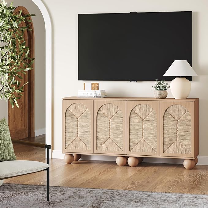 Nathan James Leah Boho TV Stand or Sideboard Cabinet for Kitchen or Living Room with Ball-Style Feet, Natural Seagrass Door Fronts and Solid Wood Legs, Raw Oak, Set of 2