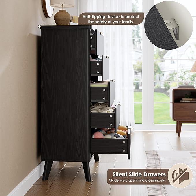 Garvee 5 Drawers Dresser for Bedroom, 47.2" Tall Dressers with Curved Profile Design, Fluted Wood Drawers with Gold Handle, Modern Chest of Dressers with Thickened Design for Living Room, Black
