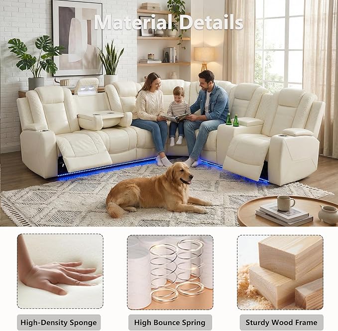 Air Leather Recliner Sectional Sofa Set, Power Reclining Sectional Couch for Living Room, L Shaped Recliner Corner Couch and Single Chair with LED Lighting, USB Port&Storage (Cream White Pro)