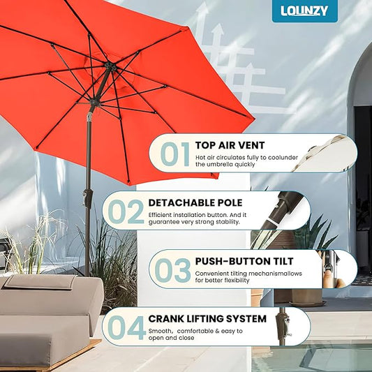 LOUNZY 9FT Large Outdoor Patio Umbrella Table Umbrella-UV Resistant,Easy Push Button Tilt and Crank,8 Sturdy Fiberglass Ribs Pool Umbrella for Patio,Backyard,Deck,Yard,Market