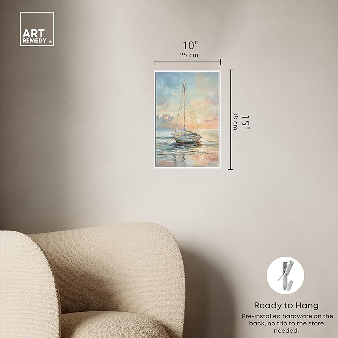 Art Remedy Boat On The Shore Framed Sailing 1 Piece Canvas Wall Art, 11" x 16", White Frame