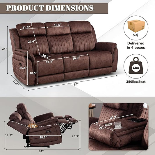 Zero Gravity Power Reclining Sofa Set, 3-Seater Reclining Couch with Drop Down Table + 2-Seater Power Loveseat Recliner with Console, Adjustable Headrests, Living Room Furniture (Velvet, Brown)