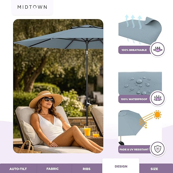 Midtown Umbrellas - The Lean 8 Ft Patio Umbrella with Fade-Resistant Sunbrella Fabric, Auto-Tilt Aluminum Frame and 8 Reinforced Ribs for Deck, Pool & Garden - Canvas Haze Canopy, Black Pole