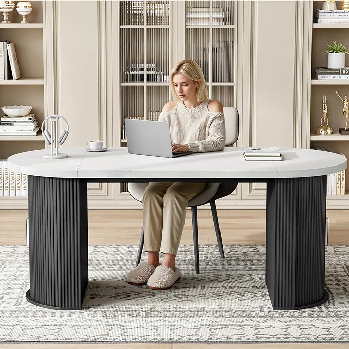 IRONCK 71" Fluted Oval Dining Table for 4-6, Modern Farmhouse Kitchen Table with Storage Shelves, Thickened Gray & White Quartz Top and Sturdy Base for Dining Room or Home Office, Black