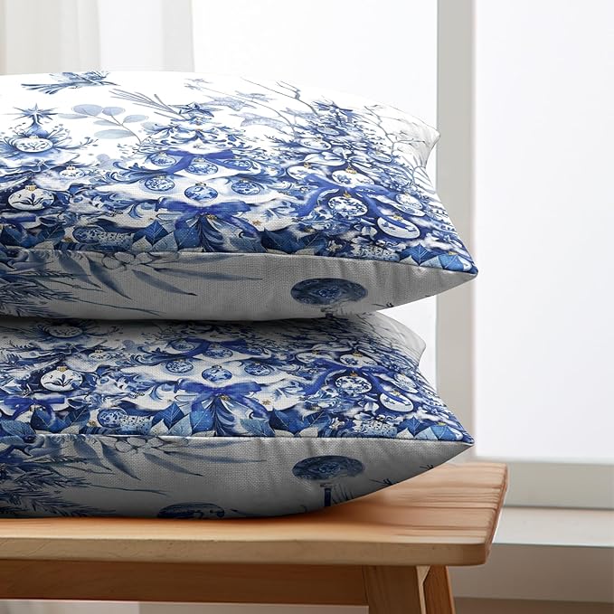 Blue Christmas Lumbar Pillow Covers 12x20 Set of 2 Christmas Xmas Tree Bird Ball Decorative Outdoor Throw Pillow Cases Winter Farmhouse Rectangle Pillowcase for Home Couch Sofa