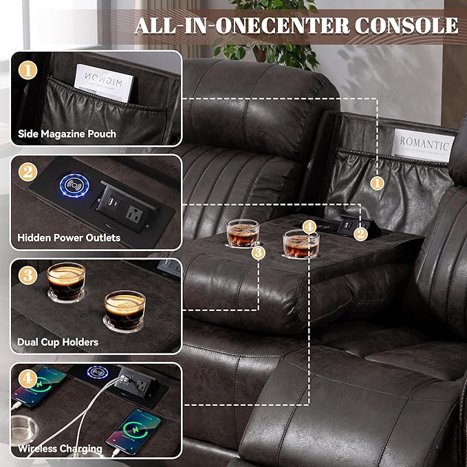 Zero Gravity Power Reclining Sofa Set, 3-Seater Reclining Couch with Drop Down Table + 2-Seater Power Loveseat Recliner with Console,Living Room Furniture (Foil Fabric, Brownish Gray)