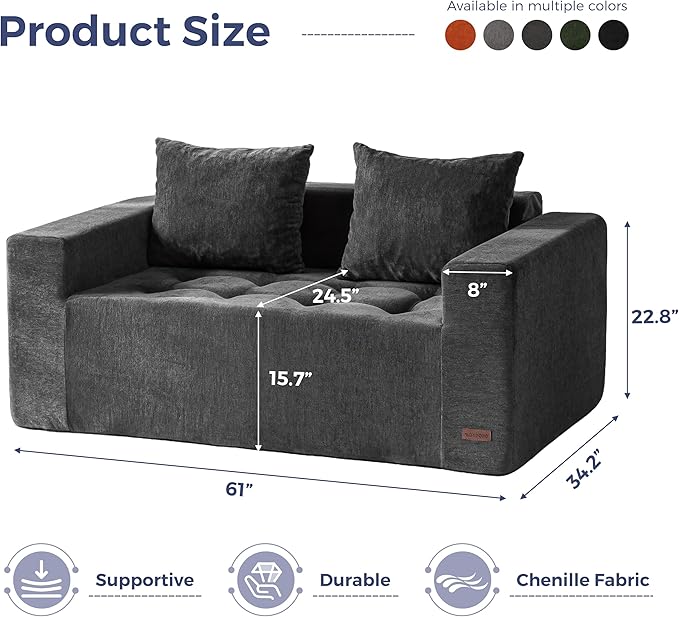 MAXYOYO Modular Sofa Couch, 61" Loveseat Boneless Cloud Couch with Deep Seat, Chenille Upholstered Living Room Sleeper Sofa Chair for Living Room, No Assembly Required, Dark Grey
