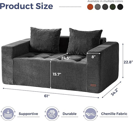 MAXYOYO Modular Sofa Couch, 61" Loveseat Boneless Cloud Couch with Deep Seat, Chenille Upholstered Living Room Sleeper Sofa Chair for Living Room, No Assembly Required, Dark Grey
