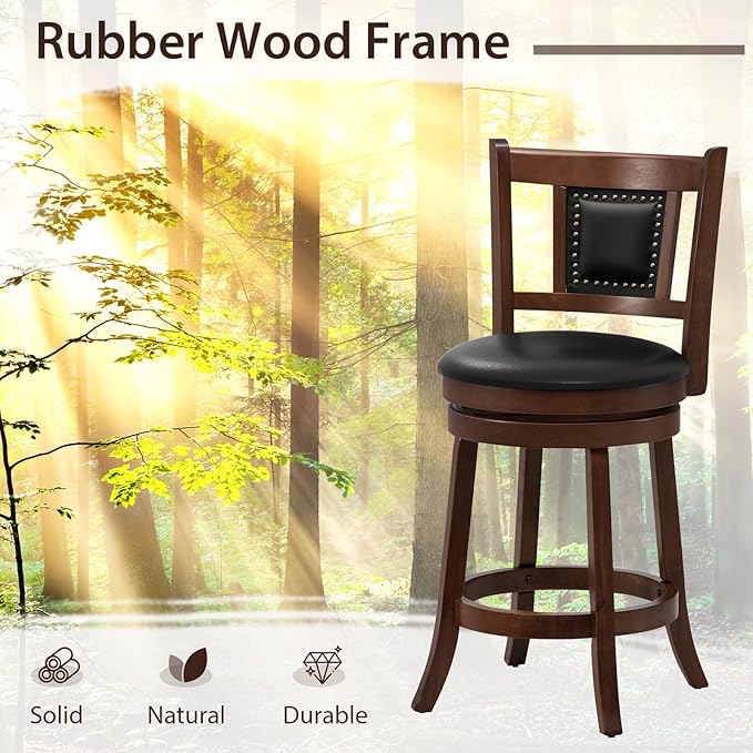 GOFLAME 25.5” Upholstered Bar Stools Set of 2, Swivel Counter Height Barstools with Curved Backrest & Footrest, Solid Rubber Wood Bar Stools for Kitchen Island, Bar Counter, Cafe, Dining Room