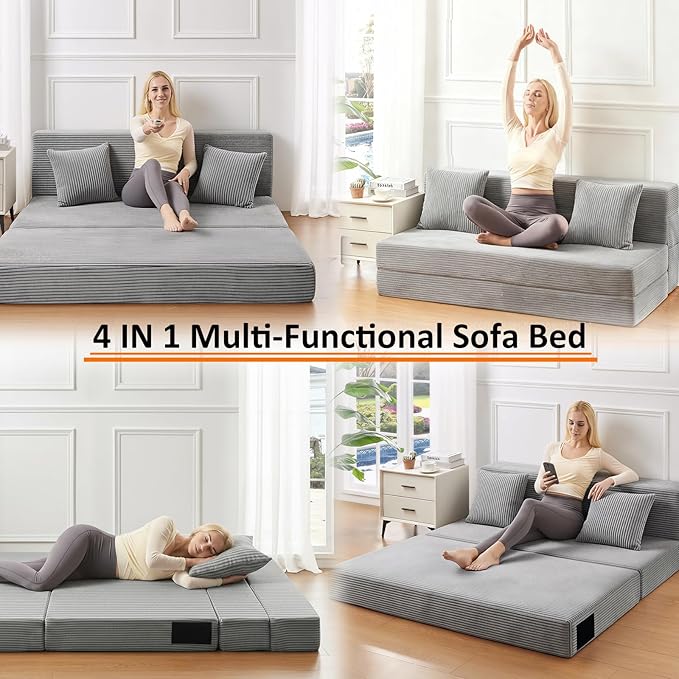 JKMAX Queen Size Folding Sofa Bed - 4 in 1 Convertible Sleeper Chair with Two Pillows - High Density Memory Foam Futon Couch - Foldable Bed for Living Room Bedroom (Dark Grey)