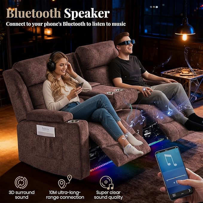 RV Power Loveseat Recliner Sofa with Console|RV Reclining Loveseat with Bluetooth Speaker & LED Light | RV Wall Hugger Double Recliner Loveseat Sofa 3 Pillows (Velvet Brown) | LED Light, Electric Tilt, Hidden Storage, Comfy Velvet