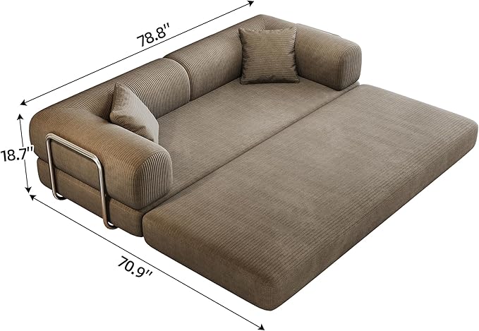 JINGLING 79" Queen Sleeper Sofa Bed with Memory Foam, Compressed Couch in a Box, Foldable Convertible Small Couches for Small Spaces Bedroom Game Room, Corduroy Fabric, Camel