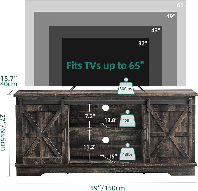 YITAHOME Farmhouse TV Stand for 65 Inch Television Stand, Entertainment Center with Storage Cabinets and Sliding Barn Doors, Rustic Media TV Console Table for Living Room, Dark Rustic Oak