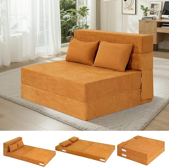 Fvkind Folding Sofa Bed, 4 in 1 Convertible Sleeper Sofa Bed Chair with Pillow, Twin Memory Foam Loveseat Futon Sleeper Chair, Foldable Futon Couch for Living Room, Bedroom, Guest Room, Yellow