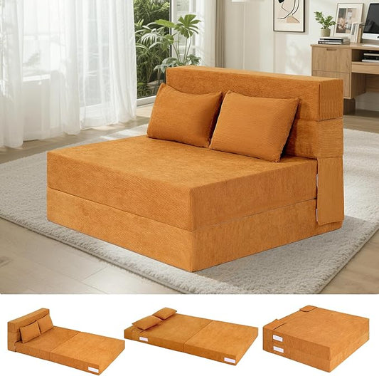 Fvkind Folding Sofa Bed, 4 in 1 Convertible Sleeper Sofa Bed Chair with Pillow, Twin Memory Foam Loveseat Futon Sleeper Chair, Foldable Futon Couch for Living Room, Bedroom, Guest Room, Yellow