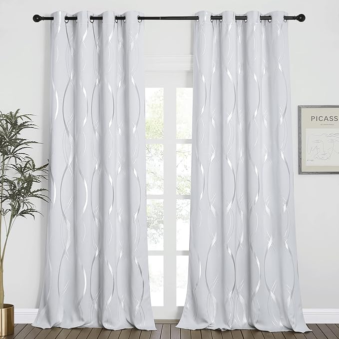 NICETOWN Extra Long Blackout Curtains for Large Window, Foil Printed Wave Lines Energy Saving Thermal Insulated Blackout Draperies for Dining Room Guest Room (1 Pair, 52" x 108", Greyish White)