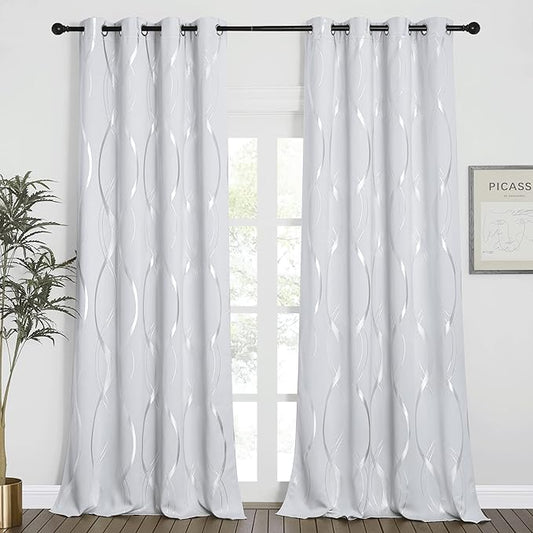 NICETOWN Extra Long Blackout Curtains for Large Window, Foil Printed Wave Lines Energy Saving Thermal Insulated Blackout Draperies for Dining Room Guest Room (1 Pair, 52" x 108", Greyish White)