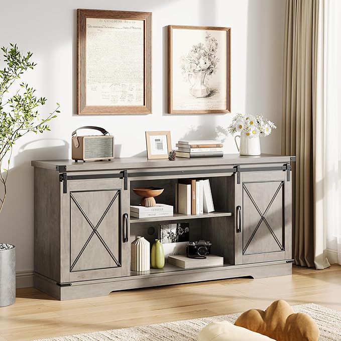 GarveeHome Farmhouse TV Stand for TV up to 65 in and Entertainment Center with Sliding Barn Doors and Adjustable Shelf, Tv Media Console Table with Storage Cabinet for Living Room, Bedroom, Grey