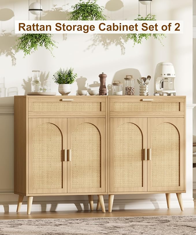Rattan Buffet Sideboard Set of 2, Boho Buffet Cabinet with Adjustable Shelf & Doors, Kitchen Floor Storage Cabinet with Drawer, Coffee Buffet Cabinet for Living Room, Hallway, Entryway, Natural Oak